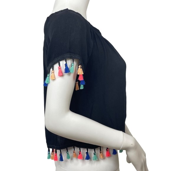 See You Monday Los Angeles Top Cropped Black Tassels Trim Multicolored Rayon - Picture 3 of 10